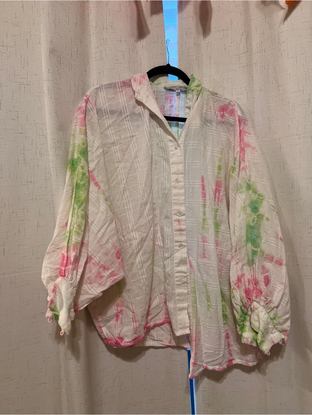 Bellini White Button-Front Blouse with Pink & Green Tie-Dye